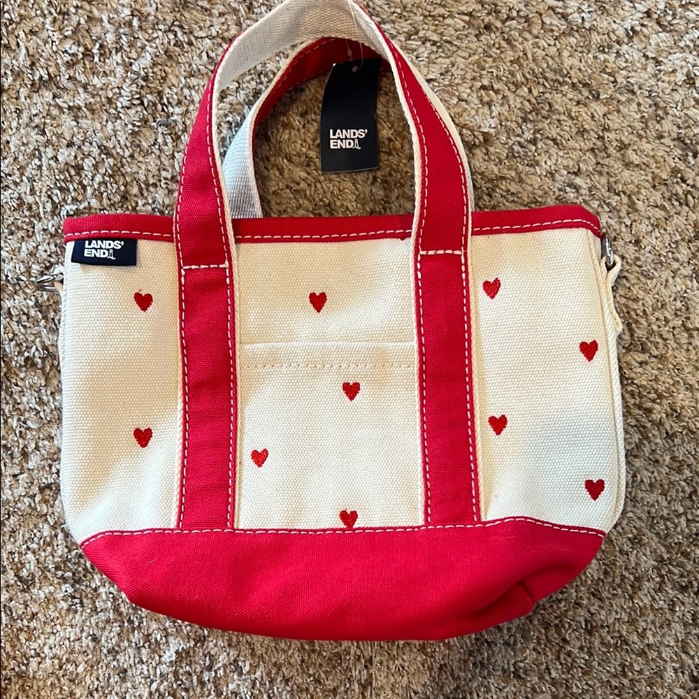 Lands' End Red and Cream Heart Small Canvas Tote